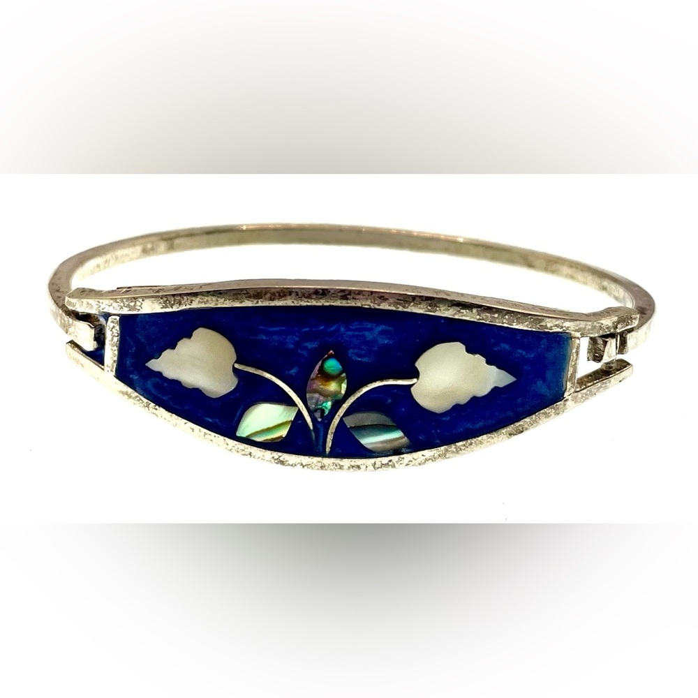 Vintage Signed Alpaca Mexico Silver Blue Enamel Inlaid Abalone MOP Bracelet - Picture 2 of 8